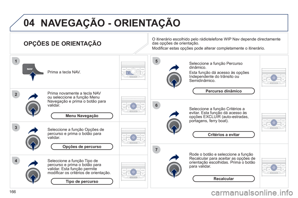 Peugeot 207 CC 2012  Manual do proprietário (in Portuguese) 166
04
4
3
2
1
7
6
5
NAVEGAÇÃO - ORIENTAÇÃO
   
OPÇÕES DE ORIENTAÇÃO 
 
 
Seleccione a função  Percursodinâmico 
.
  Esta 
função dá acesso às opções 
  Independente do trânsito  ou 