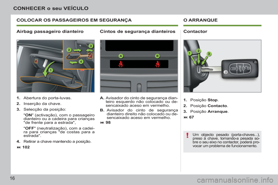 Peugeot 207 CC 2012  Manual do proprietário (in Portuguese) !
16
CONHECER o seu VEÍCULO
   
Airbag passageiro dianteiro    
Contactor 
 
 
 
1. 
  Abertura do porta-luvas. 
   
2. 
  Inserção da chave. 
   
3. 
  Selecção da posição:  
 " ON 
" (activa