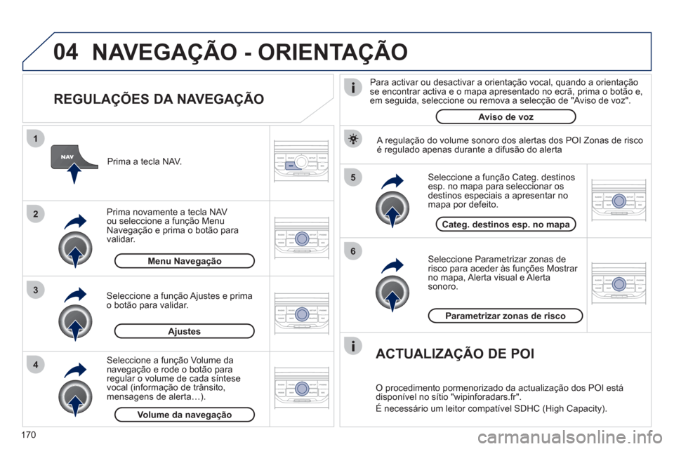 Peugeot 207 CC 2012  Manual do proprietário (in Portuguese) 170
04
5
6
3 2 1
4
   
REGULAÇÕES DA NAVEGAÇÃO 
 
 Seleccione  Parametrizar zonas de risco  para aceder às funções  Mostrar no mapa ,  Alerta visual 
 e  Alerta sonoro 
.     
Seleccione a fun