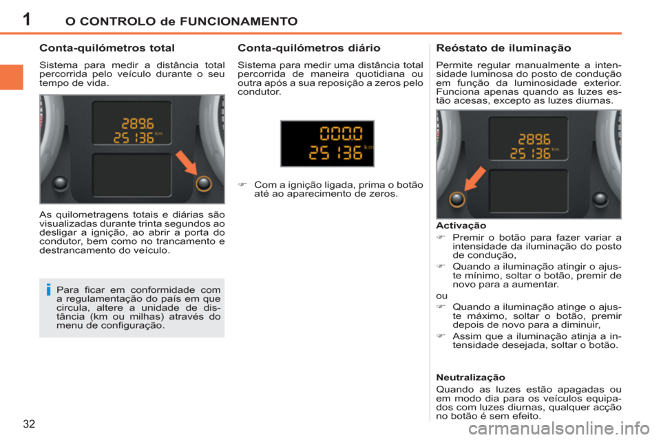 Peugeot 207 CC 2012 Manual do proprietário (in Portuguese) 1
i
O CONTROLO de FUNCIONAMENTO
32
Conta-quilómetros total
Sistema para medir a distância total
percorrida pelo veículo durante o seu
tempo de vida.
Peugeot 207 CC 2012 Manual do proprietário (in Portuguese) 1
i
O CONTROLO de FUNCIONAMENTO
32
Conta-quilómetros total
Sistema para medir a distância total
percorrida pelo veículo durante o seu
tempo de vida.