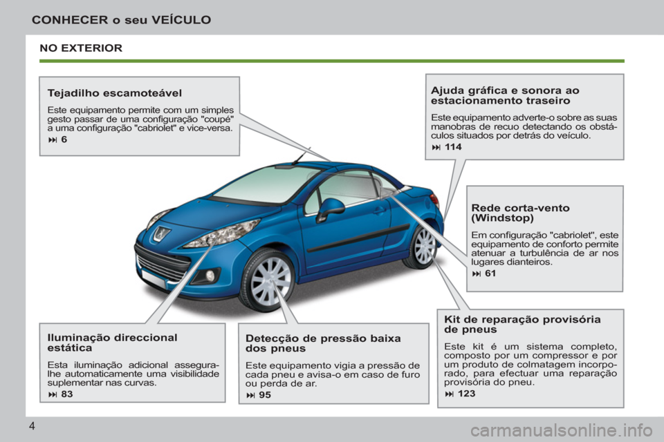 Peugeot 207 CC 2012 Manual do proprietário (in Portuguese) 4
CONHECER o seu VEÍCULO
NO EXTERIOR
Tejadilho escamoteável
Este equipamento permite com um simples
gesto passar de uma confi guração "coupé"
a uma confi guração "cabriolet" e vice Peugeot 207 CC 2012 Manual do proprietário (in Portuguese) 4
CONHECER o seu VEÍCULO
NO EXTERIOR
Tejadilho escamoteável
Este equipamento permite com um simples
gesto passar de uma confi guração "coupé"
a uma confi guração "cabriolet" e vice