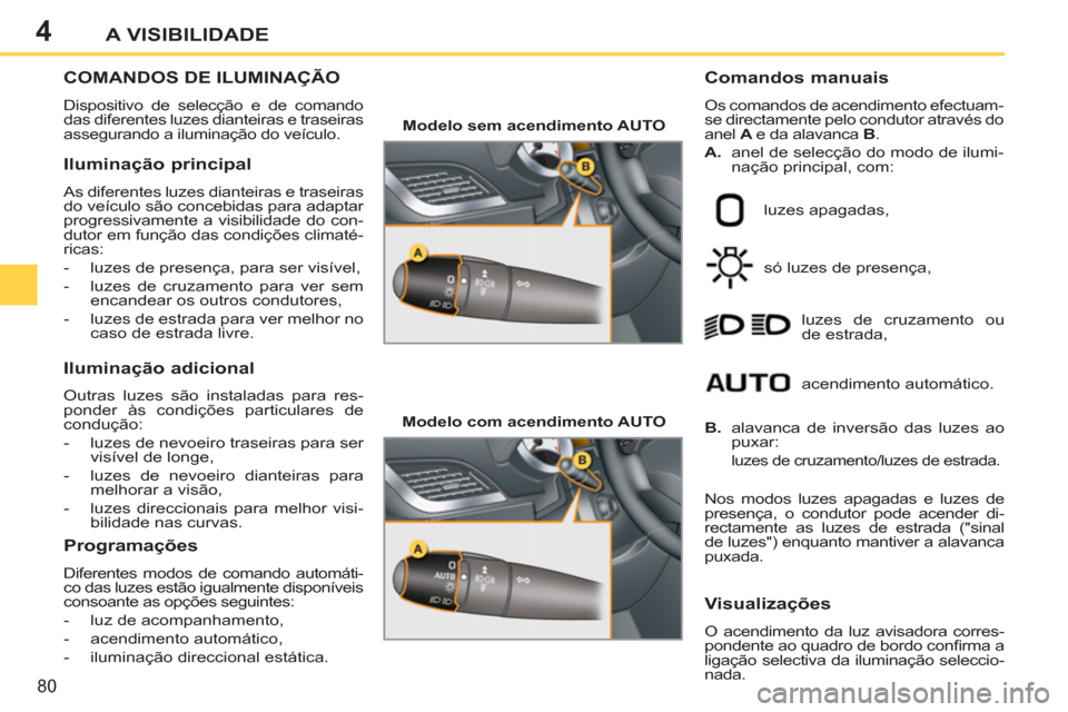 Peugeot 207 CC 2012  Manual do proprietário (in Portuguese) 4
80
A VISIBILIDADE
COMANDOS DE ILUMINAÇÃO 
  Dispositivo de selecção e de comando 
das diferentes luzes dianteiras e traseiras 
assegurando a iluminação do veículo. 
   
Comandos manuais 
 
Os