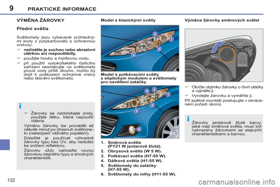 Peugeot 207 CC 2012  Návod k obsluze (in Czech) 9
i
i
PRAKTICKÉ INFORMACE
132
VÝMĚNA ŽÁROVKY 
 
 
 
1. 
  Směrová světla 
(PY21 W jantarově žlutá). 
 
   
2. 
  Obrysová světla (W 5 W). 
 
   
3. 
  Potkávací světla (H7-55 W). 
 
  