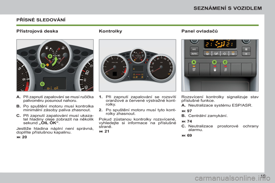 Peugeot 207 CC 2012  Návod k obsluze (in Czech) 15
SEZNÁMENÍ S VOZIDLEM
  PŘÍSNÉ SLEDOVÁNÍ 
   
Přístrojová deska    
Panel ovladačů 
 
 
A. 
  Při zapnutí zapalování se musí ručička 
palivoměru posunout nahoru. 
 
 
B. 
  Po  s