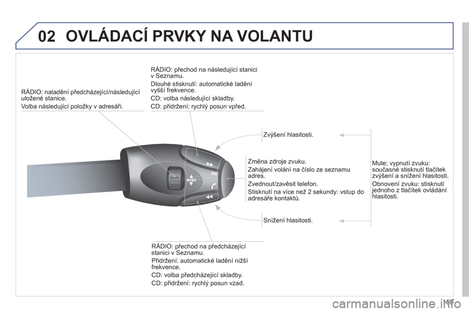 Peugeot 207 CC 2012  Návod k obsluze (in Czech) 159
02  OVLÁDACÍ PRVKY NA VOLANTU
RÁDIO: naladění předcházející/následující uložené stanice. 
Volba n
ásledující položky v adresáři.R