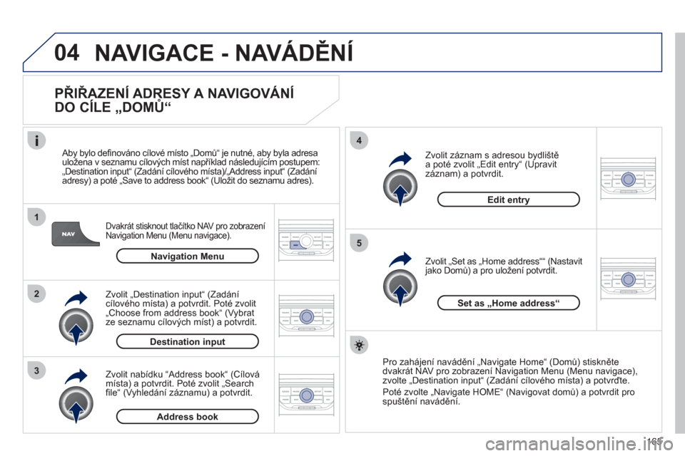 Peugeot 207 CC 2012  Návod k obsluze (in Czech) 165
04
1
2
3
5
4
  NAVIGACE - NAVÁDĚNÍ 
 
 
PŘIŘAZENÍ ADRESY A NAVIGOVÁNÍ 
DO CÍLE „DOMŮ“ 
Dvakrát stisknout tlačítko NAV pro zobrazení 
Navigation Menu (Menu navigace). 
   Aby bylo