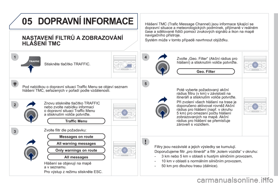 Peugeot 207 CC 2012  Návod k obsluze (in Czech) 171
05
2 1
3
4
5
DOPRAVNÍ INFORMACE 
   
 
 
 
 
 
 
 
 
NASTAVENÍ FILTRŮ A ZOBRAZOVÁNÍ 
HLÁŠENÍ TMC 
   
Poté vyberte požadovaný akčn