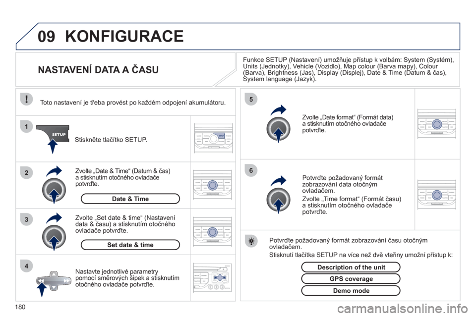 Peugeot 207 CC 2012  Návod k obsluze (in Czech) 180
09
4 3 2 1
65
KONFIGURACE 
   
 
 
 
 
 
 
 
 
 
 
 
 
 
 
NASTAVENÍ DATA A ČASU 
Funkce SETUP (Nastavení) umožňuje přístup k volbám: System (Systém), Units (Jednotky), Vehicle (Vozidlo),