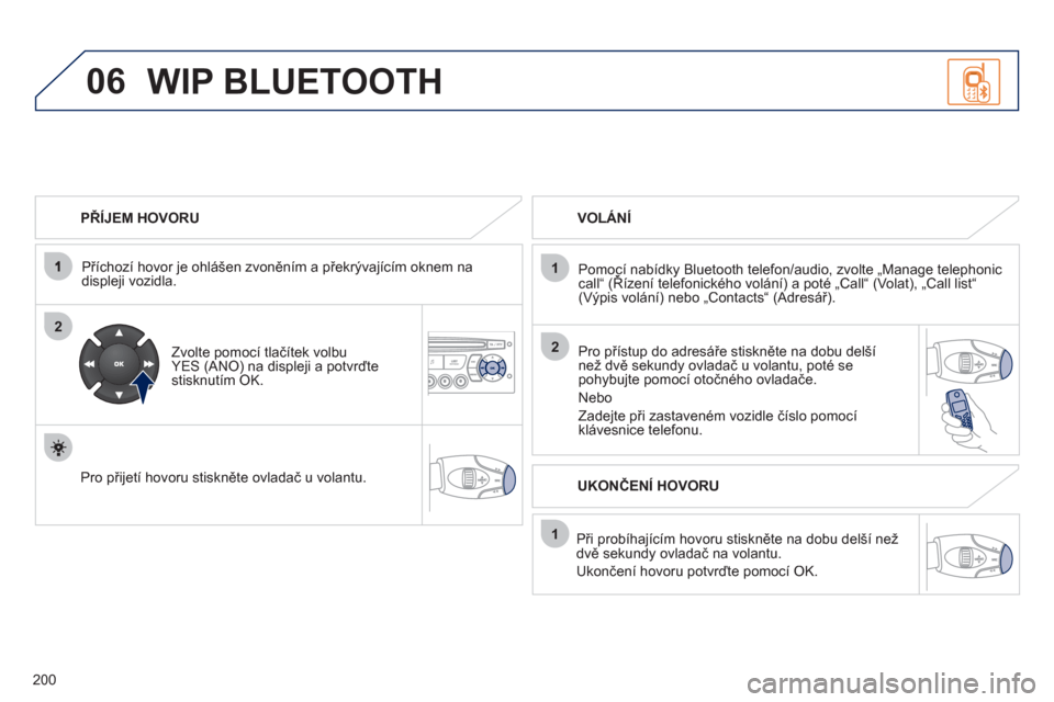 Peugeot 207 CC 2012  Návod k obsluze (in Czech) 200
06
2
1
2
1
OK
   
PŘÍJEM HOVORU
   
Příchozí hovor 
je ohlášen zvoněním a překrývajícím oknem na 
displeji vozidla.  
   
Zvolte pomoc
í tlačítek volbu YES (ANO) na displeji a potv