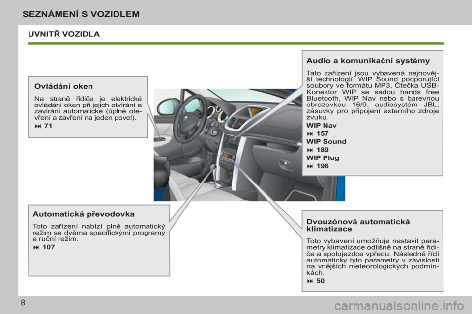 Peugeot 207 CC 2012  Návod k obsluze (in Czech) 8
SEZNÁMENÍ S VOZIDLEM
  UVNITŘ VOZIDLA 
   
Dvouzónová automatická 
klimatizace 
  Toto vybavení umožňuje nastavit para-
metry klimatizace odlišně na straně řidi-
če a spolujezdce vpře