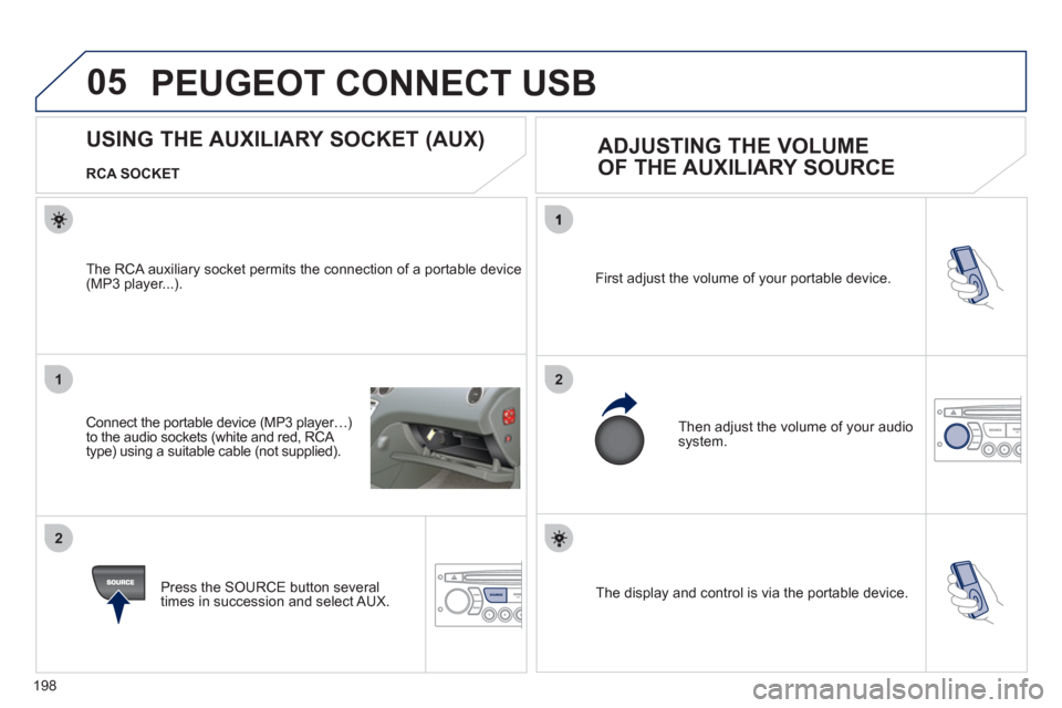 Peugeot 207 CC 2011.5  Owners Manual - RHD (UK. Australia) 198
05
21
2
SOURCE  The display and control is via the portable device.  First ad
just the volume of your portable device. 
  Then ad
just the volume of your audio system.
 
 
 
 
 
 
 
 
 
 
 
 
 
US