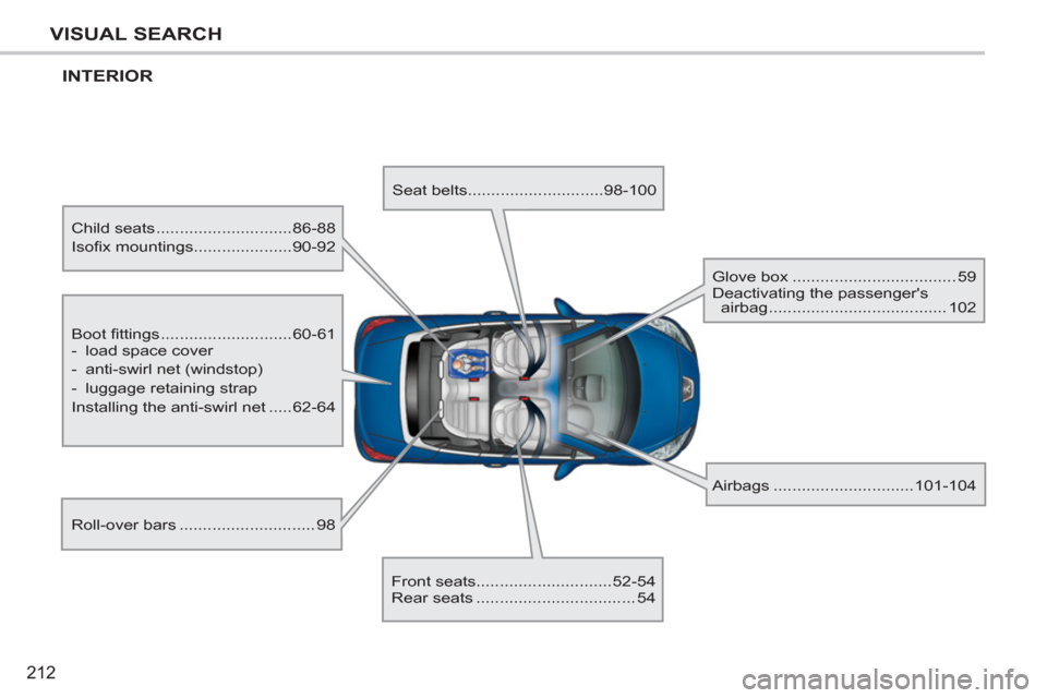Peugeot 207 CC 2011.5  Owners Manual - RHD (UK. Australia) 212
VISUAL SEARCH
  INTERIOR
 
Boot ﬁ ttings ............................60-61 
   
 
-   load space cover 
   
-   anti-swirl net (windstop) 
   
-   luggage retaining strap  
  Installing the anti