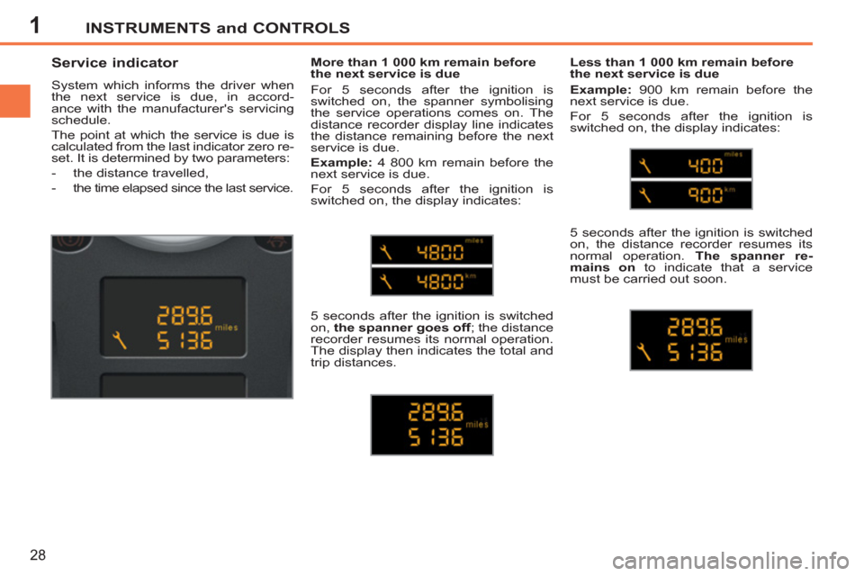 Peugeot 207 CC 2011.5  Owners Manual - RHD (UK. Australia) 1INSTRUMENTS and CONTROLS
28
   
 
 
 
 
 
 
 
 
Service indicator 
 
System which informs the driver when 
the next service is due, in accord-
ance with the manufacturers servicing 
schedule. 
  The