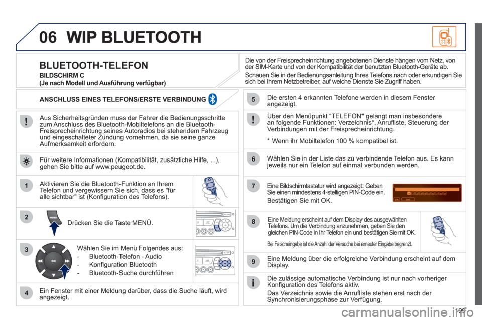 Peugeot 207 CC 2011.5  Betriebsanleitung (in German) 199
06
1
2
3
4
5
6
7
8
9
MENU
OK
   
Aus Sicherheitsgründen muss der Fahrer die Bedienungsschrittezum Anschluss des Bluetooth-Mobiltelefons an die Bluetooth-Freisprecheinrichtung seines Autoradios be