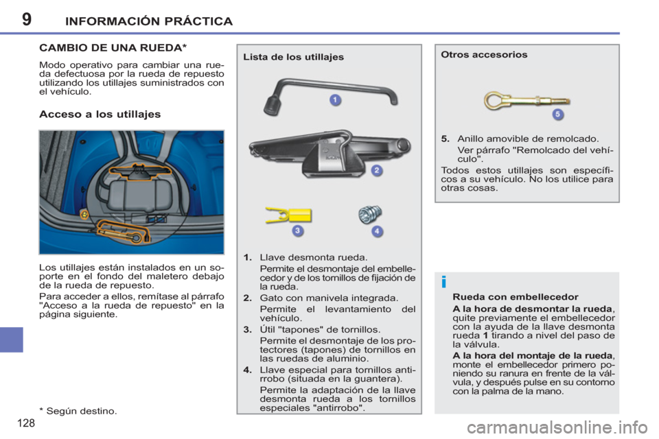 Peugeot 207 CC 2011.5  Manual del propietario (in Spanish) 9
i
INFORMACIÓN PRÁCTICA
128
   
*  
 Según destino.  
CAMBIO DE UNA RUEDA *
 
Modo operativo para cambiar una rue-
da defectuosa por la rueda de repuesto 
utilizando los utillajes suministrados co