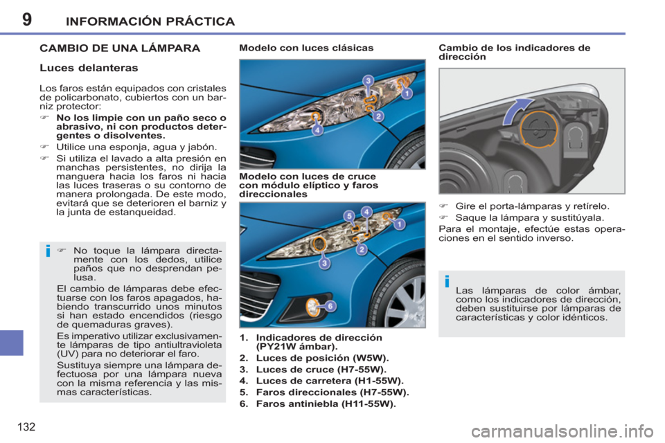 Peugeot 207 CC 2011.5  Manual del propietario (in Spanish) 9
i
i
INFORMACIÓN PRÁCTICA
132
CAMBIO DE UNA LÁMPARA 
   
 
1. 
  Indicadores de dirección 
(PY21W ámbar). 
 
   
2. 
  Luces de posición (W5W). 
 
   
3. 
  Luces de cruce (H7-55W). 
 
   
4. 
