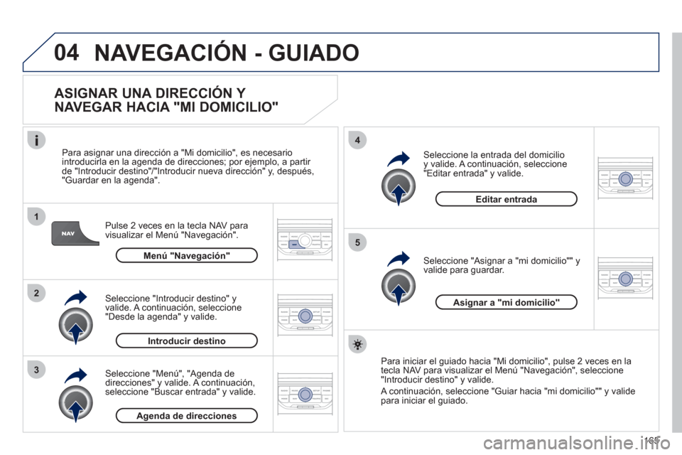 Peugeot 207 CC 2011.5  Manual del propietario (in Spanish) 165
04
1
2
3
5
4
  NAVEGACIÓN - GUIADO 
 
 
ASIGNAR UNA DIRECCIÓN Y 
NAVEGAR HACIA "MI DOMICILIO" 
Pulse 2 veces en la tecla NAV para
visualizar el Menú "Navegación".    
Para asi
gnar una direcci