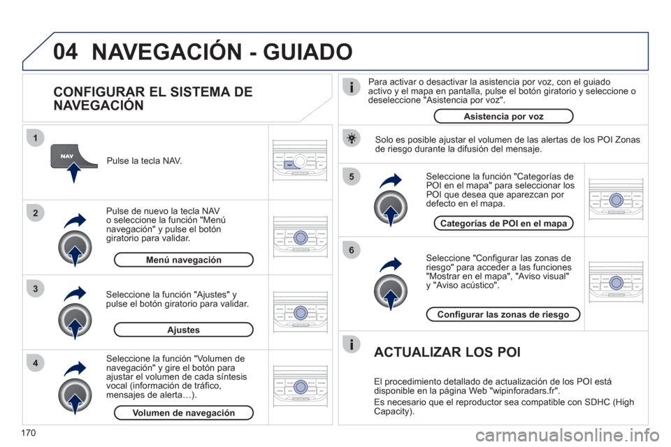 Peugeot 207 CC 2011.5  Manual del propietario (in Spanish) 170
04
5
6
3 2 1
4
   
CONFIGURAR EL SISTEMA DE 
NAVEGACIÓN 
   
Seleccione "Conﬁ gurar las zonas deriesgo" para acceder a las funciones "Mostrar en el mapa", "Aviso visual" y "Aviso acústico".   