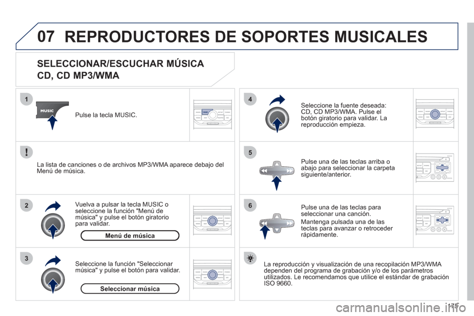 Peugeot 207 CC 2011.5  Manual del propietario (in Spanish) 175
07
3 2 1
6
4
5
   
 
 
 
 
 
 
 
 
 
 
 
SELECCIONAR/ESCUCHAR MÚSICA  
CD, CD MP3/WMA 
La reproducción y visualización de una recopilación MP3/WMA 
dependen del programa de grabación y/o de l