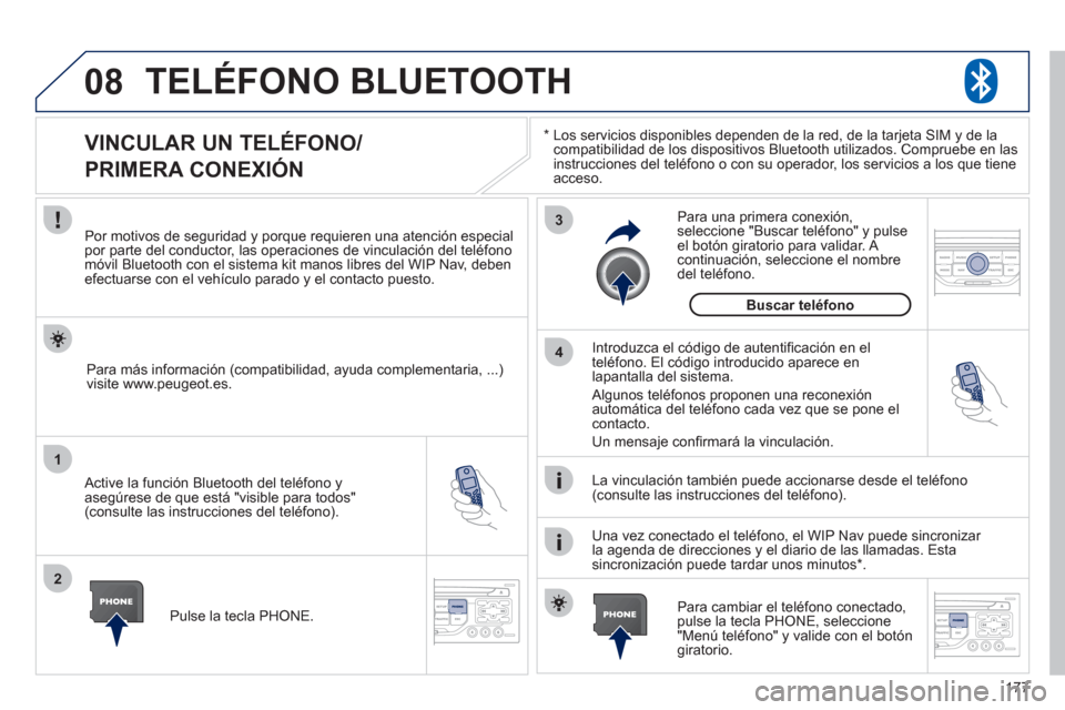 Peugeot 207 CC 2011.5  Manual del propietario (in Spanish) 177
08
1
2
3
4
TELÉFONO BLUETOOTH
*  
  Los servicios disponibles dependen de la red, de la tarjeta SIM y de la compatibilidad de los dispositivos Bluetooth utilizados. Compruebe en las 
instruccione