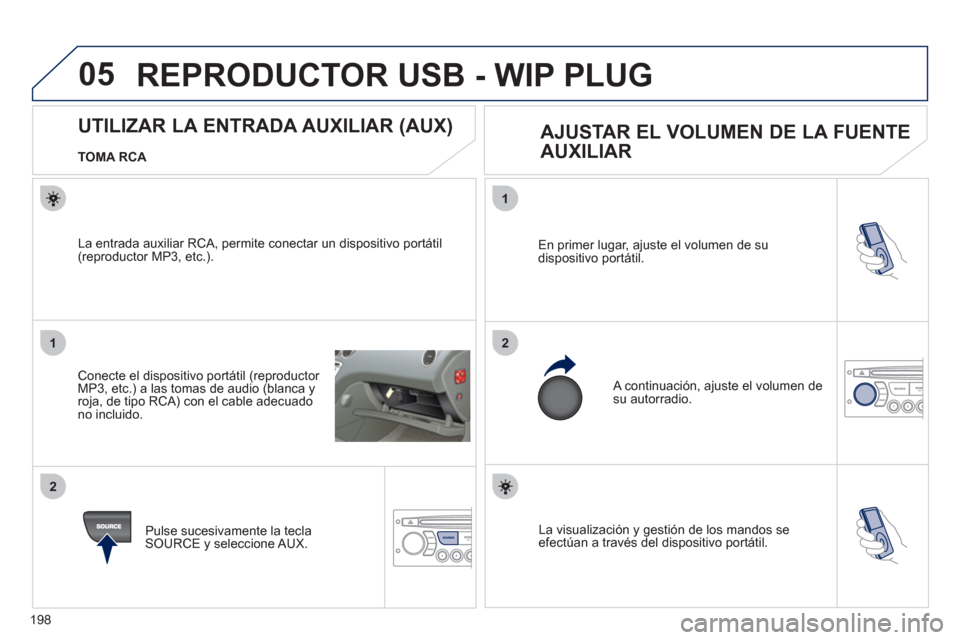 Peugeot 207 CC 2011.5 Manual del propietario (in Spanish) 198
05
1
21
2
SOURCE La visualización y gestión de los mandos se efectúan a través del dispositivo portátil. En primer lu
gar, ajuste el volumen de su
dispositivo portátil.
A continuación, Peugeot 207 CC 2011.5 Manual del propietario (in Spanish) 198
05
1
21
2
SOURCE La visualización y gestión de los mandos se efectúan a través del dispositivo portátil. En primer lu
gar, ajuste el volumen de su
dispositivo portátil.
A continuación,
