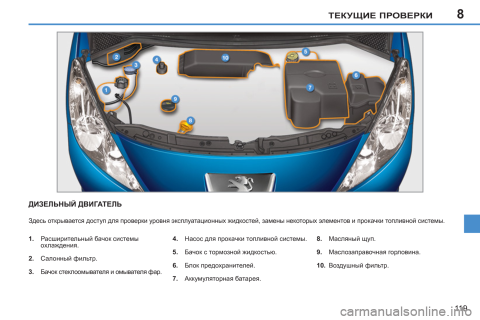 Peugeot 207 CC 2011.5 Инструкция по эксплуатации (in Russian) 8ТЕКУЩИЕ ПРОВЕРКИ
119
ДИЗЕЛЬНЫЙ ДВИГАТЕЛЬ
Здесь открывается доступ для проверки уровня эксплуатационных жи Peugeot 207 CC 2011.5 Инструкция по эксплуатации (in Russian) 8ТЕКУЩИЕ ПРОВЕРКИ
119
ДИЗЕЛЬНЫЙ ДВИГАТЕЛЬ
Здесь открывается доступ для проверки уровня эксплуатационных жи