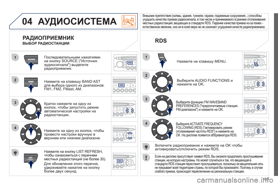 Peugeot 207 CC 2011.5  Инструкция по эксплуатации (in Russian) 193
04
1
2
3
4
1
2
3
4
SOURCE
BANDAST
LISTREFRESH
MENU
  АУДИОСИСТЕМА
 Последовательными нажатиями 
на кнопку SOURCE ("Источник 
аудиосиг