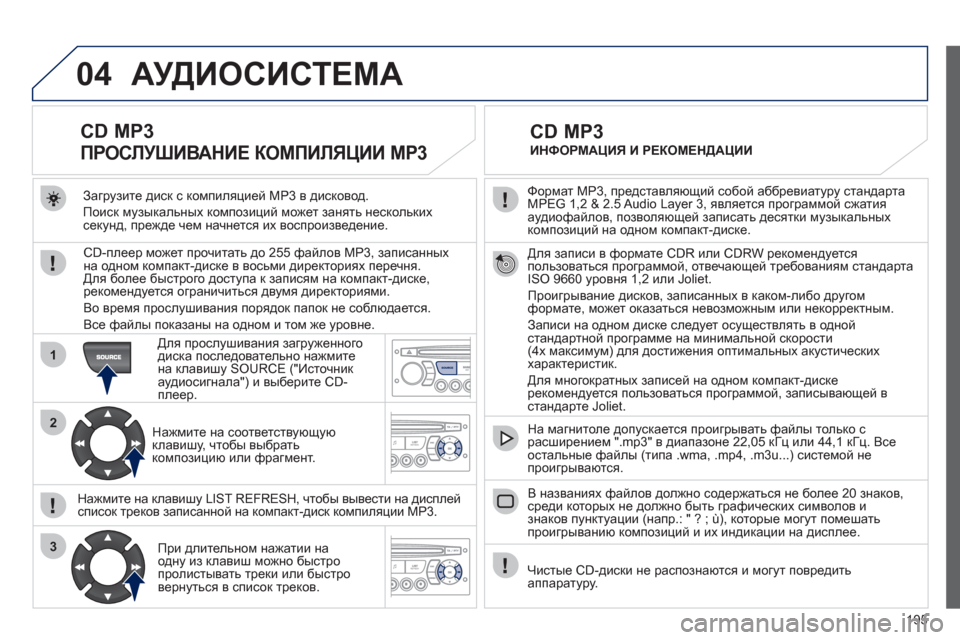 Peugeot 207 CC 2011.5  Инструкция по эксплуатации (in Russian) 195
04
1
2
3
SOURCE
  Формат MP3, представляющий собой аббревиатуру стандартаMPEG 1,2 & 2.5 Audio Layer 3, является программой сжат