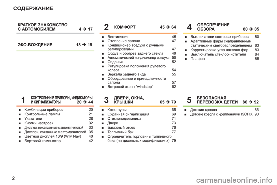 Peugeot 207 CC 2011.5  Инструкция по эксплуатации (in Russian) 2
СОДЕРЖАНИЕ
Комбинации приборов 20
Контрольные лампы 21
Ук азатели 28
Кнопки настроек 32
Дисплеи, не связанные с 