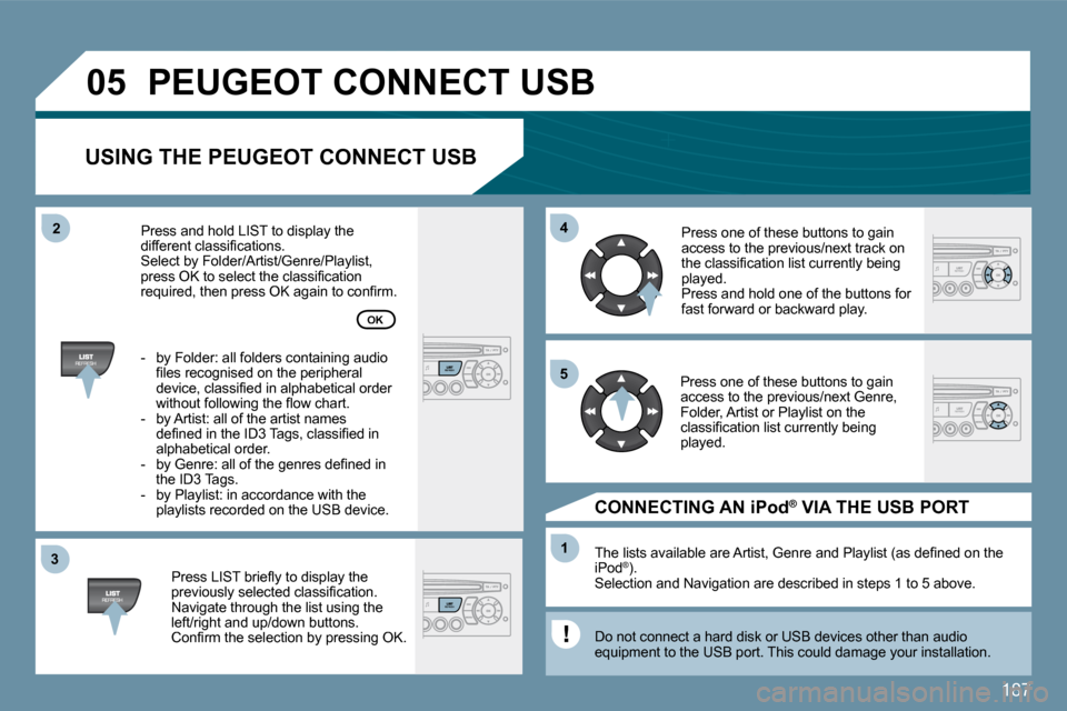Peugeot 207 CC 2010  Owners Manual 187
�3�3
�0�5
�4�4
�1�1
�5�5
�2�2
� �P�E�U�G�E�O�T� �C�O�N�N�E�C�T� �U�S�B� 
� � �U�S�I�N�G� �T�H�E� �P�E�U�G�E�O�T� �C�O�N�N�E�C�T� �U�S�B� 
� � �P�r�e�s�s� �L�I�S�T� �b�r�i�e�ﬂ� �y� �t�o� �d�i�s�p