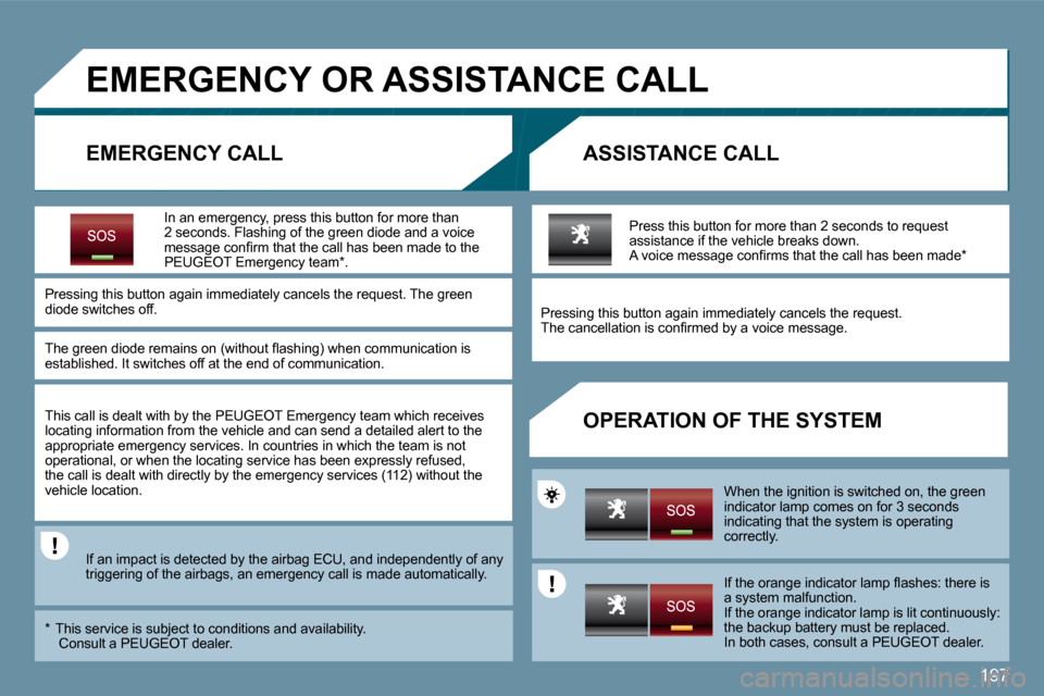 Peugeot 207 CC 2010  Owners Manual 197
�E�M�E�R�G�E�N�C�Y� �O�R� �A�S�S�I�S�T�A�N�C�E� �C�A�L�L� 
� � �E�M�E�R�G�E�N�C�Y� �C�A�L�L� � � �A�S�S�I�S�T�A�N�C�E� �C�A�L�L� 
� � �O�P�E�R�A�T�I�O�N� �O�F� �T�H�E� �S�Y�S�T�E�M� 
� � �I�n� �a�