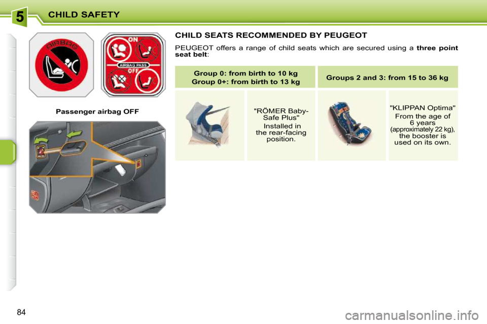 Peugeot 207 CC 2010  Owners Manual CHILD SAFETY
84
   Passenger airbag OFF   
 CHILD SEATS RECOMMENDED BY PEUGEOT 
 PEUGEOT  offers  a  range  of  child  seats  which  are  secured  using  a   three  point 
seat belt  : 
   
Group    
