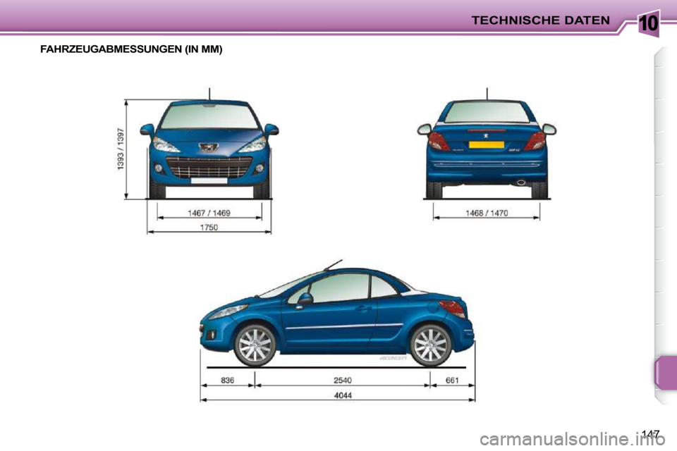 Peugeot 207 CC 2010  Betriebsanleitung (in German) 10TECHNISCHE DATEN
147
FAHRZEUGABMESSUNGEN (IN MM)     