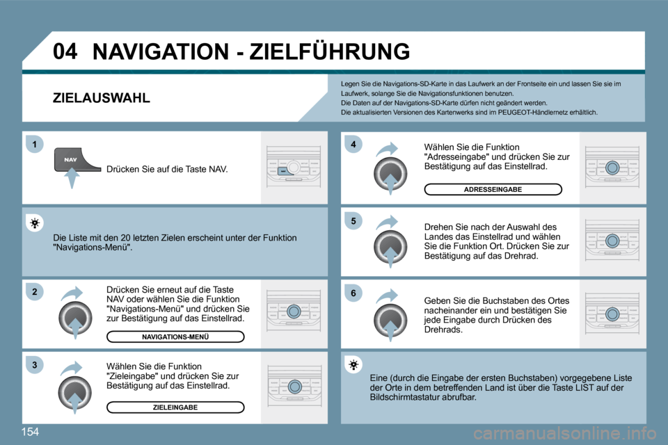 Peugeot 207 CC 2010  Betriebsanleitung (in German) 154
�0�4
�1
�2
�3
�5 
�6
�4
� �N�A�V�I�G�A�T�I�O�N� �-� �Z�I�E�L�F�Ü�H�R�U�N�G� 
�Z�I�E�L�A�U�S�W�A�H�L� 
  Drücken Sie erneut auf die Taste NAV oder wählen Sie die Funktion "Navigations-Menü" und