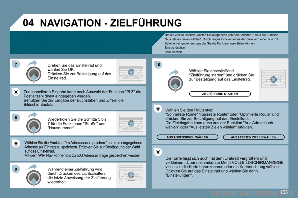 Peugeot 207 CC 2010  Betriebsanleitung (in German) 155
�7
�8
�9
�1�0
�0�4
  Um ein Ziel zu löschen, wählen Sie ausgehend von den Schritten 1 bis 3 die Funktion   Um ein Ziel zu löschen, wählen Sie ausgehend von den Schritten 1 bis 3 die Funktion "