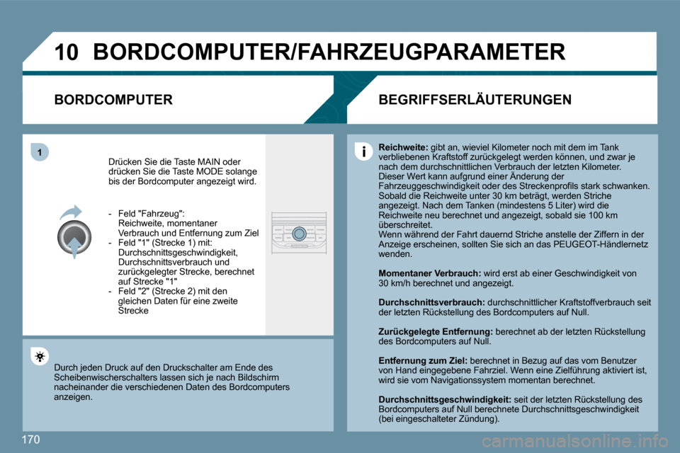 Peugeot 207 CC 2010  Betriebsanleitung (in German) 170
�1�0
�1
� �B�O�R�D�C�O�M�P�U�T�E�R�/�F�A�H�R�Z�E�U�G�P�A�R�A�M�E�T�E�R� 
� � �B�O�R�D�C�O�M�P�U�T�E�R� 
 Drücken Sie die Taste MAIN oder drücken Sie die Taste MODE solange bis der Bordcomputer a