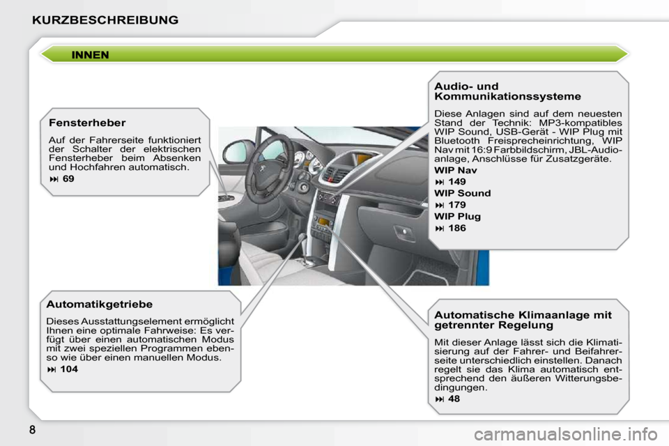 Peugeot 207 CC 2010  Betriebsanleitung (in German) KURZBESCHREIBUNG
  Automatische Klimaanlage mit  
getrennter Regelung  
 Mit dieser Anlage lässt sich die Klimati- 
sierung  auf  der  Fahrer-  und  Beifahrer-
�s�e�i�t�e� �u�n�t�e�r�s�c�h�i�e�d�l�i�