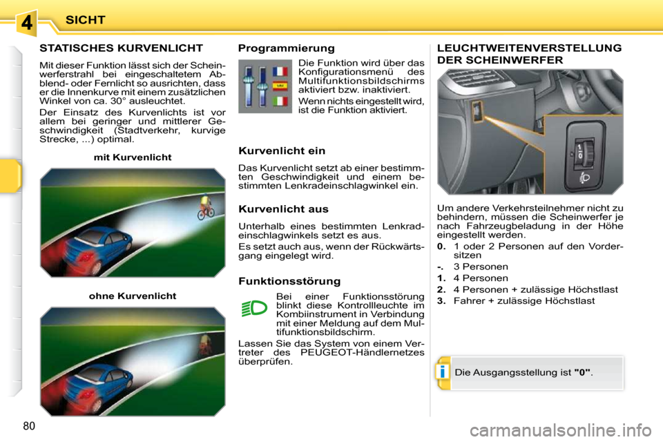Peugeot 207 CC 2010 Betriebsanleitung (in German) i
SICHT
80
STATISCHES KURVENLICHT
Mit dieser Funktion lässt sich der Schein-
werferstrahl bei eingeschaltetem Ab-
blend- oder Fernlicht so ausrichten, dass
er die Innenkurve mit einem zusätzl Peugeot 207 CC 2010 Betriebsanleitung (in German) i
SICHT
80
STATISCHES KURVENLICHT
Mit dieser Funktion lässt sich der Schein-
werferstrahl bei eingeschaltetem Ab-
blend- oder Fernlicht so ausrichten, dass
er die Innenkurve mit einem zusätzl