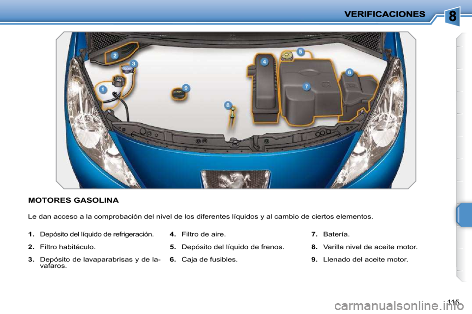 Peugeot 207 CC 2010  Manual del propietario (in Spanish) 115
MOTORES GASOLINA 
 Le dan acceso a la comprobación del nivel de los diferentes líquidos y al cambio de ciertos elementos. 
   
1.    Depósito del líquido de refrigeración. 
  
2.    Filtro ha