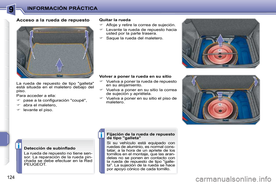 Peugeot 207 CC 2010  Manual del propietario (in Spanish) i
i
INFORMACIÓN PRÁCTICA
124
  Acceso a la rueda de repuesto  
 La  rueda  de  repuesto  de  tipo  "galleta"  
está  situada  en  el  maletero  debajo  del 
piso.  
� �P�a�r�a� �a�c�c�e�d�e�r� �a� 