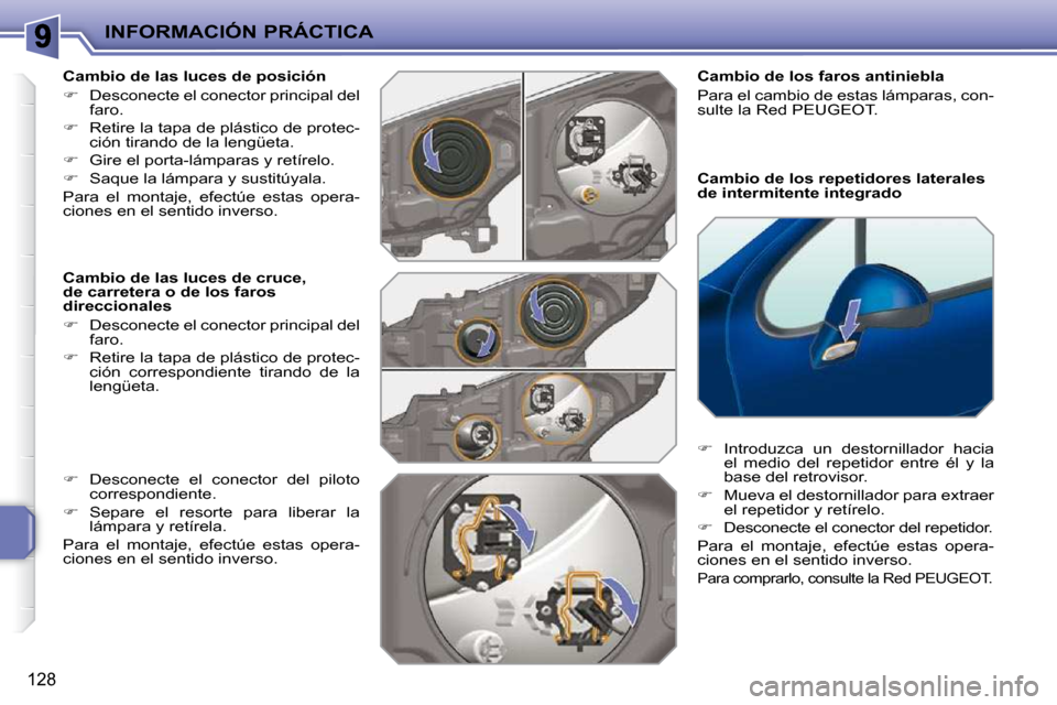 Peugeot 207 CC 2010  Manual del propietario (in Spanish) INFORMACIÓN PRÁCTICA
128
  Cambio de los repetidores laterales  
de intermitente integrado 
  Cambio de los faros antiniebla  
 Para el cambio de estas lámparas, con- 
sulte la Red PEUGEOT.   
   
