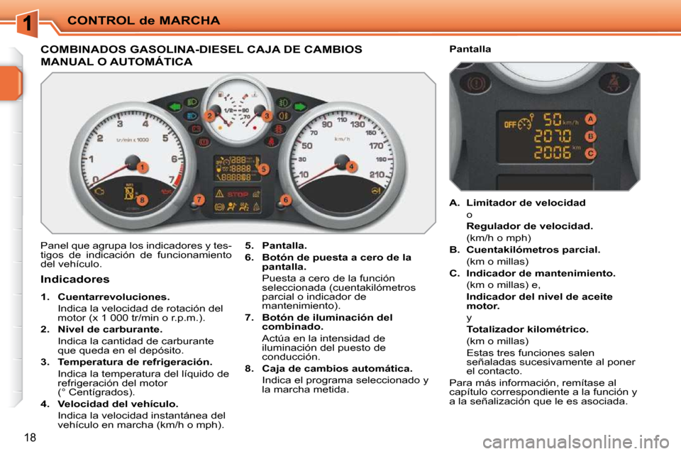 Peugeot 207 CC 2010  Manual del propietario (in Spanish) CONTROL de MARCHA
18
COMBINADOS GASOLINA-DIESEL CAJA DE CAMBIOS 
MANUAL O AUTOMÁTICA 
 Panel que agrupa los indicadores y tes- 
tigos  de  indicación  de  funcionamiento 
del vehículo.   
5.     Pa