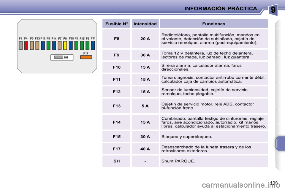 Peugeot 207 CC 2010  Manual del propietario (in Spanish) INFORMACIÓN PRÁCTICA
133
  
Fusible N°      Intensidad       Funciones  
  
F8       20 A    Radioteléfono, pantalla multifunción, mandos en  
�e�l� �v�o�l�a�n�t�e�,� �d�e�t�e�c�c�i�ó�n� �d�e� �