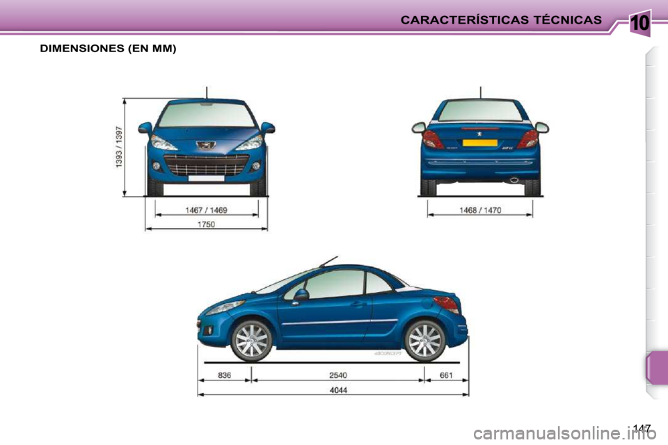 Peugeot 207 CC 2010  Manual del propietario (in Spanish) 10CARACTERÍSTICAS TÉCNICAS
147
DIMENSIONES (EN MM)     