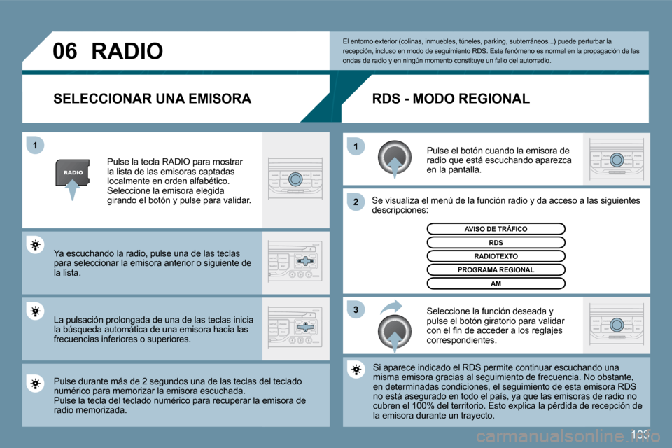 Peugeot 207 CC 2010  Manual del propietario (in Spanish) 163
�0�6
�3
�2
�1
�1
� �A�V�I�S�O� �D�E� �T�R�Á�F�I�C�O� 
�S�E�L�E�C�C�I�O�N�A�R� �U�N�A� �E�M�I�S�O�R�A� 
  Pulse el botón cuando la emisora de radio que está escuchando aparezca en la pantalla.  
