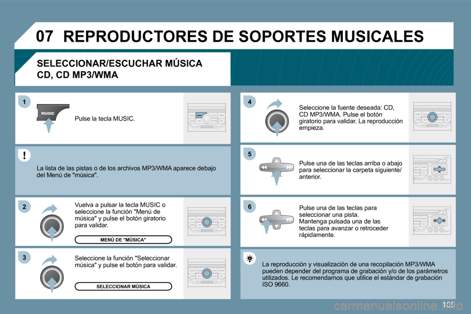 Peugeot 207 CC 2010  Manual del propietario (in Spanish) 165
�0�7
�6
�4 
�5
�3
�2
�1
�S�E�L�E�C�C�I�O�N�A�R�/�E�S�C�U�C�H�A�R� �M�Ú�S�I�C�A� � 
�C�D�,� �C�D� �M�P�3�/�W�M�A� 
 La reproducción y visualización de una recopilació
n MPón MP3/WMA pueden dep