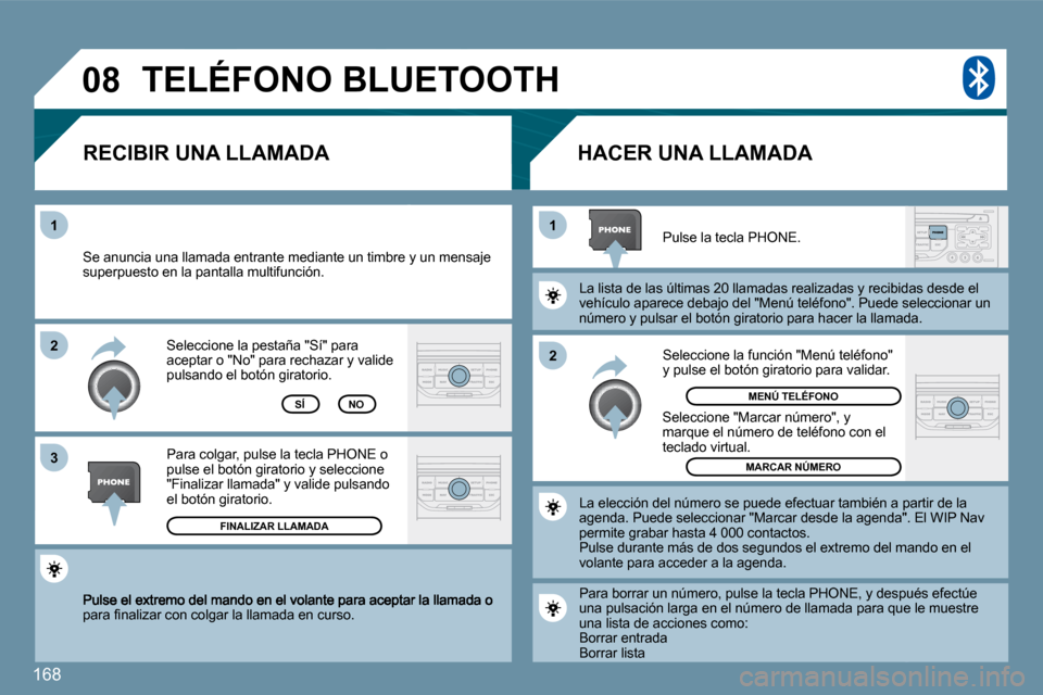 Peugeot 207 CC 2010  Manual del propietario (in Spanish) 168
�0�8
�2
�1
�1 
�3
�2
�p�a�r�a� �ﬁ� �n�a�l�i�z�a�r� �c�o�n� �c�o�l�g�a�r� �l�a� �l�l�a�m�a�d�a� �e�n� �c�u�r�s�o�.� � 
 Seleccione la pestaña "Sí" para aceptar o "No" para rechazar y valide pul