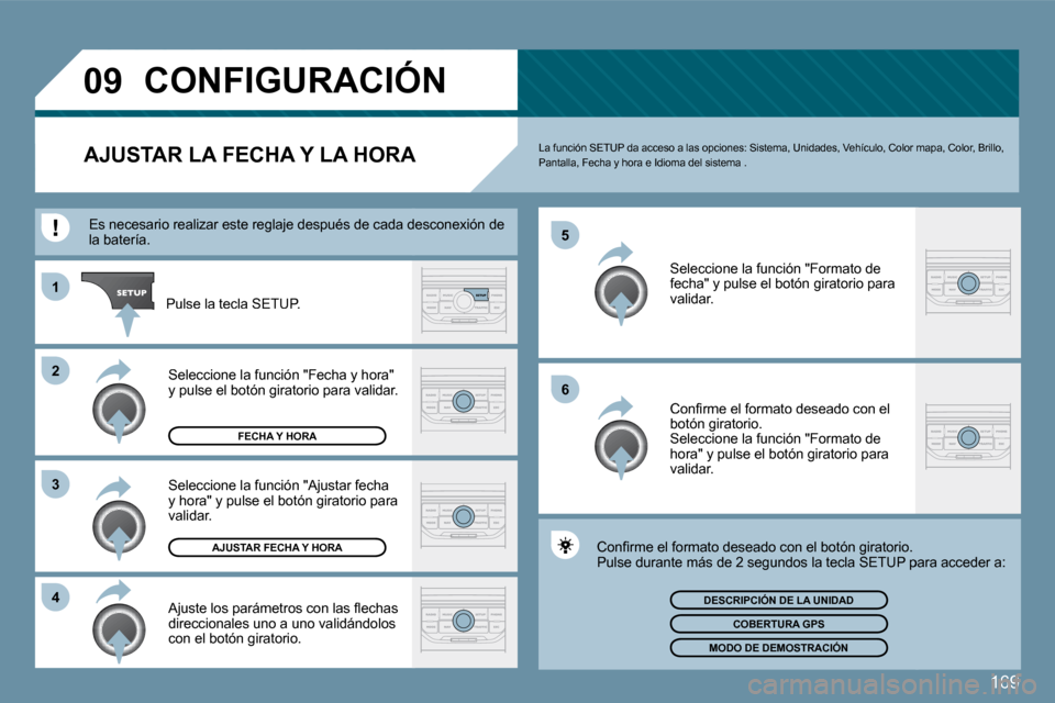 Peugeot 207 CC 2010  Manual del propietario (in Spanish) 169
�0�9
�6
�5
�4
�3
�2
�1
� �C�O�N�F�I�G�U�R�A�C�I�Ó�N� 
�A�J�U�S�T�A�R� �L�A� �F�E�C�H�A� �Y� �L�A� �H�O�R�A�   La función SETUP da acceso a las opciones: Sistem
a, Unidades, Vehículo, Color mapa
