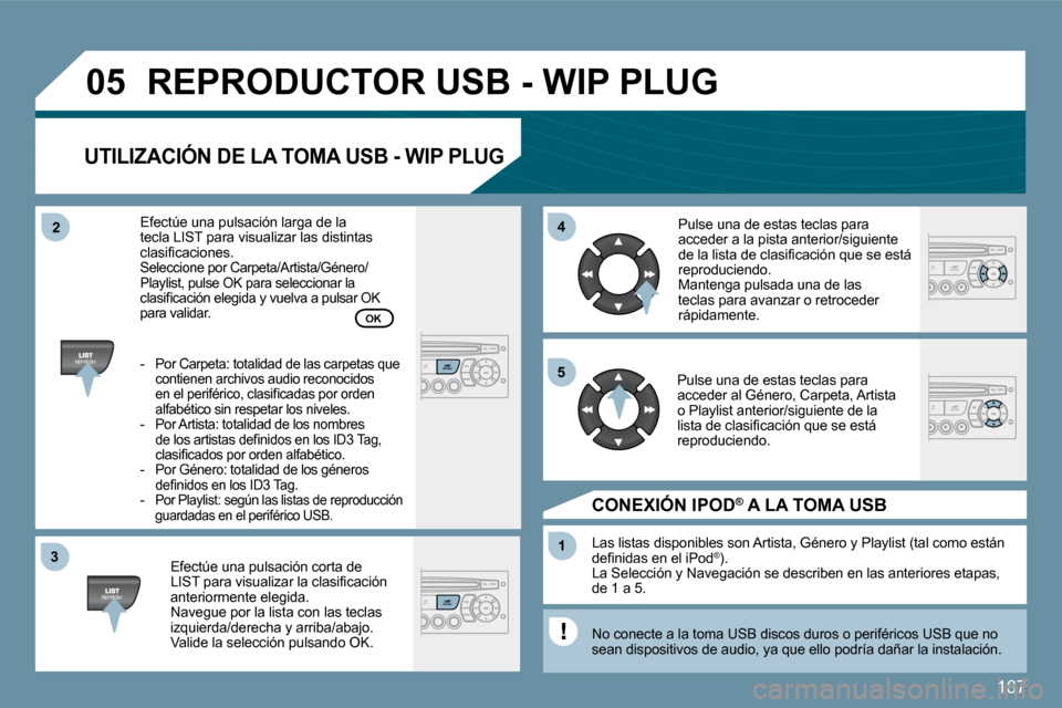 Peugeot 207 CC 2010  Manual del propietario (in Spanish) 187
�3�3
�0�5
�4�4
�1�1
�5�5
�2�2
� �R�E�P�R�O�D�U�C�T�O�R� �U�S�B� �-� �W�I�P� �P�L�U�G� 
�U�T�I�L�I�Z�A�C�I�Ó�N� �D�E� �L�A� �T�O�M�A� �U�S�B� �-� �W�I�P� �P�L�U�G� 
� � �E�f�e�c�t�ú�e� �u�n�a� �p