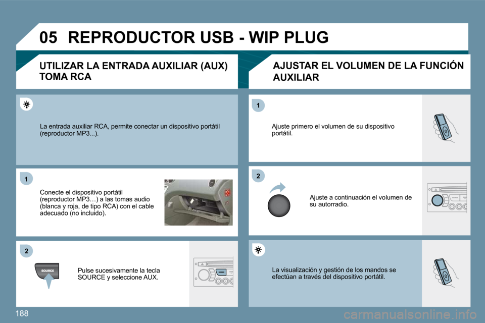 Peugeot 207 CC 2010  Manual del propietario (in Spanish) 188
�0�5
�1�1
�2�2
�2�2
�1�1
� �L�a� �v�i�s�u�a�l�i�z�a�c�i�ó�n� �y� �g�e�s�t�i�ó�n� �d�e� �l�o�s� �m�a�n�d�o�s� �s�e� �e�f�e�c�t�ú�a�n� �a� �t�r�a�v�é�s� �d�e�l� �d�i�s�p�o�s�i�t�i�v�o� �p�o�r�t�
